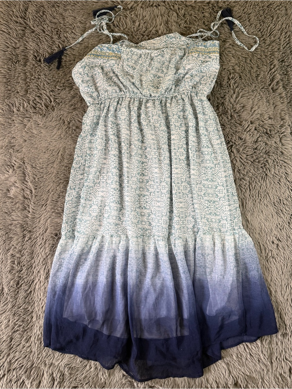 NWT Knox Rose Ombre Tassel Midi Dress Blue Floral Boho Sleeveless Size Large